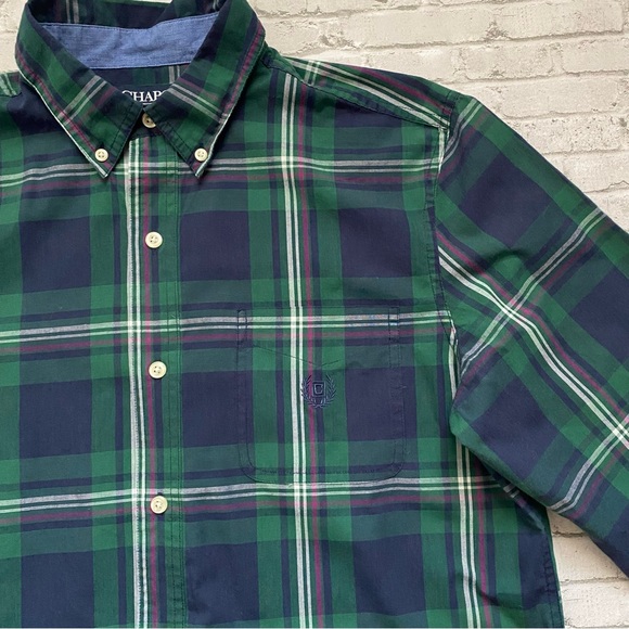 Chaps Navy and Green Plaid Button Down Shirt - Picture 2 of 5